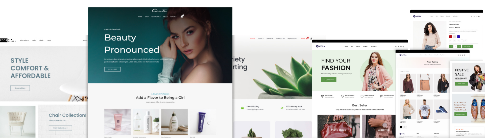 A collage of various e-commerce websites showcasing fashion, beauty, and home decor, highlighting user-friendly designs, promotional offers, and diverse product collections. Ideal for illustrating online shopping trends and website aesthetics.