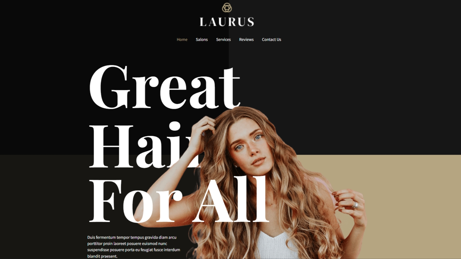 Young woman with long, wavy hair showcasing a hair salon service, emphasizing the message "Great Hair For All" on the Laurus website.