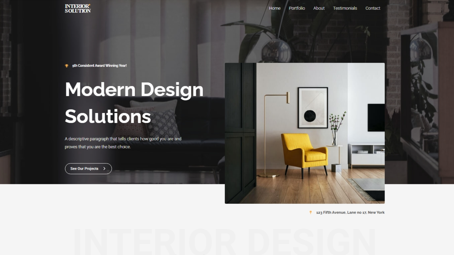 Modern interior design setting featuring a stylish yellow armchair, contemporary artwork on the wall, and elegant wooden flooring, showcasing the innovative design solutions offered by Interior Solution.