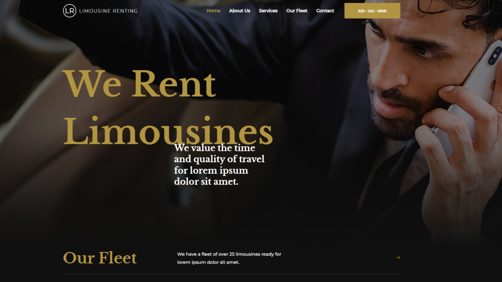 A professional man in a suit talking on a smartphone, representing limousine rental services that prioritize quality and time for clients. Ideal for visitors seeking luxury transportation solutions.