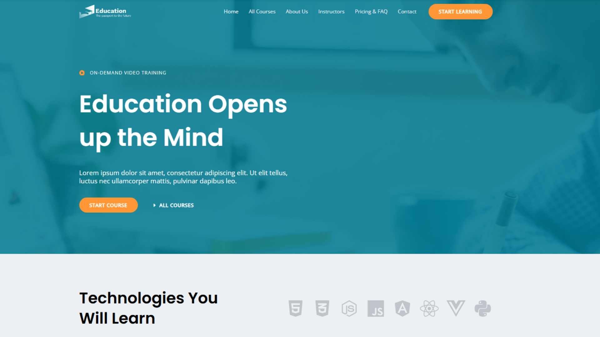 A student engaged in on-demand video training, highlighting the theme "Education Opens up the Mind" on a modern online learning platform, showcasing various technologies and courses available for learning.