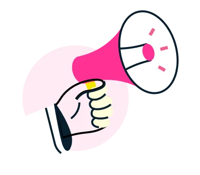 Illustration of a hand holding a pink megaphone, symbolizing communication and announcements, ideal for marketing or public relations content.
