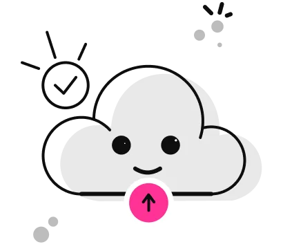 Cartoon-style cloud icon with a smiling face and an upward arrow, representing cloud storage and data upload features for a technology or software-related webpage.