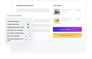 Checkout page interface featuring customer information fields and order summary, highlighting various checkout options like two-step checkout and distraction-free checkout for an enhanced user experience.