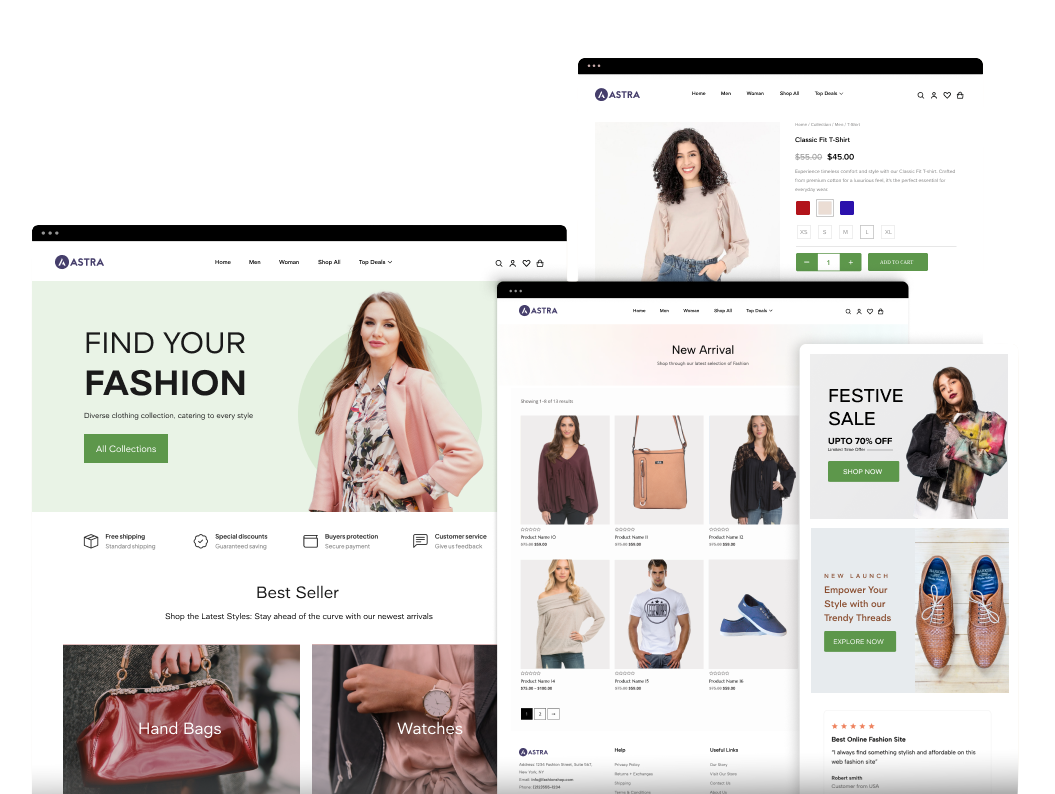 A screenshot of the Astra fashion website showcasing a variety of clothing collections, including new arrivals, best sellers, and promotional offers like a festive sale. The layout features images of models wearing stylish outfits, handbags, and accessories, highlighting diverse fashion options for men and women.