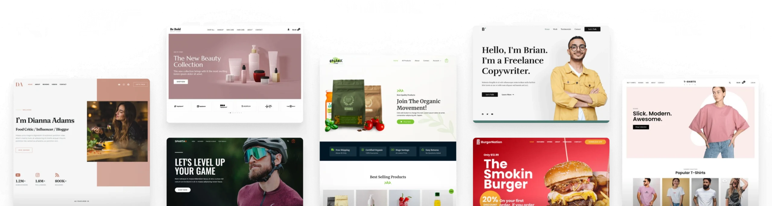 A collage of various website designs showcasing diverse themes, including beauty products, organic food, freelance services, and modern apparel. This image highlights the versatility of web design suitable for businesses and personal brands.
