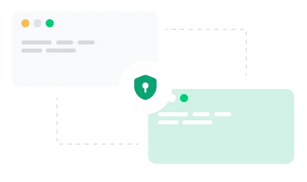 Graphic illustrating secure data transmission, featuring two browser windows with a shield icon in the center, symbolizing online security and privacy. This image is relevant for discussions on cybersecurity measures and data protection strategies.
