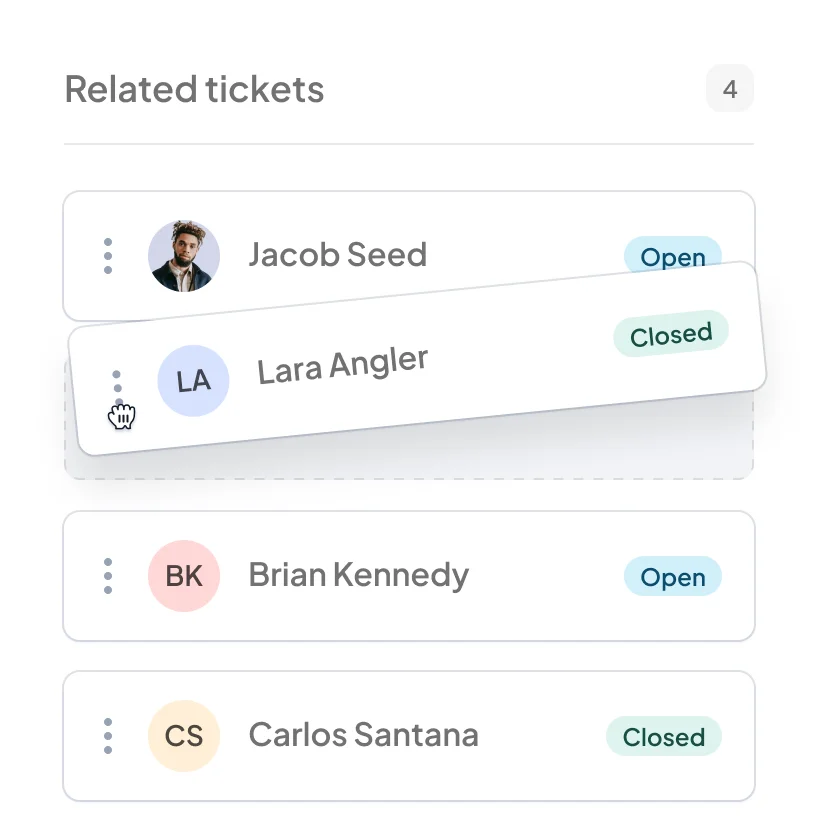 User interface displaying related support tickets with names and status indicators, showcasing an organized ticket management system for customer service.