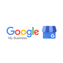 Google My Business logo featuring a colorful Google name and a blue storefront icon, representing local business marketing and online presence management.