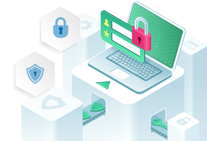 Illustration of a laptop with a login screen secured by a padlock, surrounded by icons representing cybersecurity elements like shields and keys, emphasizing the importance of online security and data protection for users.